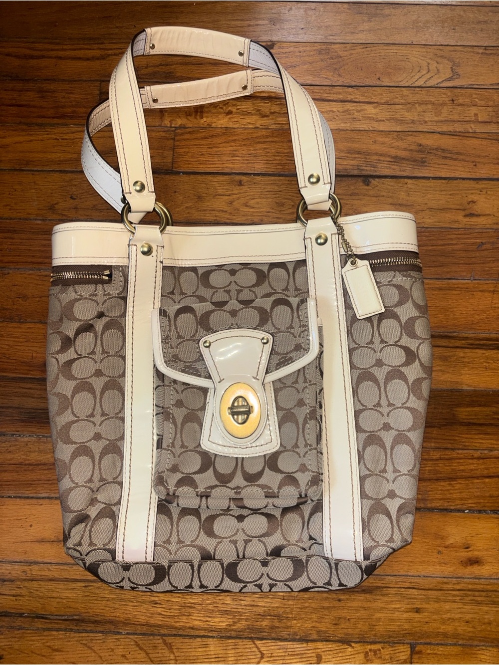 Coach Beige Signature Tote with Cream Leather Trim and Gold Turn-Lock